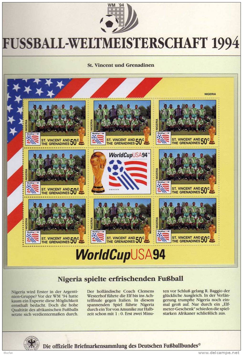 Team Nigeria Zur Fußball WM 1994 Vincent 2823 Kleinbogen ** 8€ Kicker World Cup USA-Flagge M/s Flag Bloc Soccer Sheetlet - 1994 – États-Unis