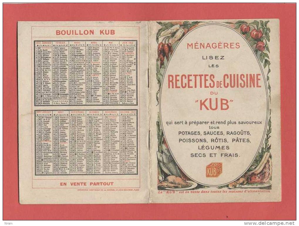 Calendrier 1922 - Livre De Recettes / KUB - Kleinformat : 1921-40