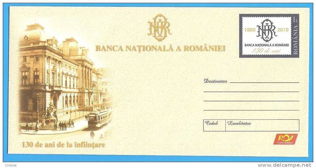 Romania Postal Stationery Cover 2010. National Bank. Trams, Tramways - Tram