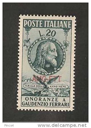 TRIESTE A  20 LIRE ONORANZE A GAUDENZIO FERRARI 1950  GOMMA ORIGINALE NO LINGUELLA - Neufs