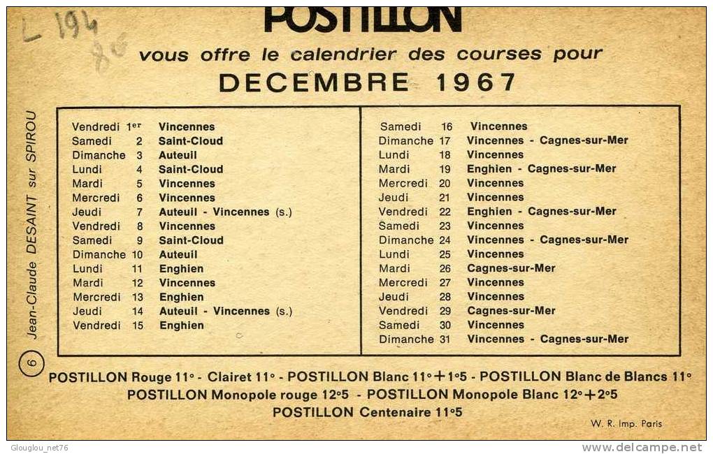POSTILLON VOUS OFFRE CALENDRIER DES COURSE DECEMBRE 1967..JEAN-CLAUDE DESAINT PAR SPIROU...CPSM PETIT FORMAT ANIMEE - Ippica