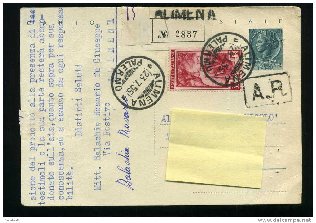 S2108 STORIA POSTALE REPUBBLICA CARTOLINA POSTALE L. 20 SIRACUSANA + L. 35 ITALIA LAVORO USO RACCOMANDATA - Postage Due