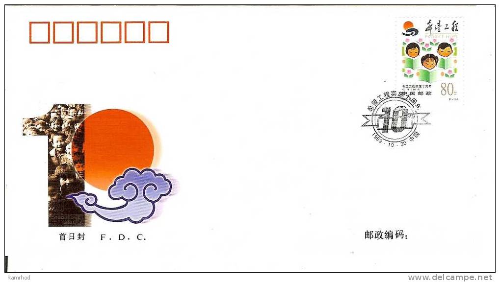 CHINA 1999 10TH ANNIVERSARY OF THE IMPLEMENTATION OF PROJECT HOPE (2 SCANS) - Lettres & Documents