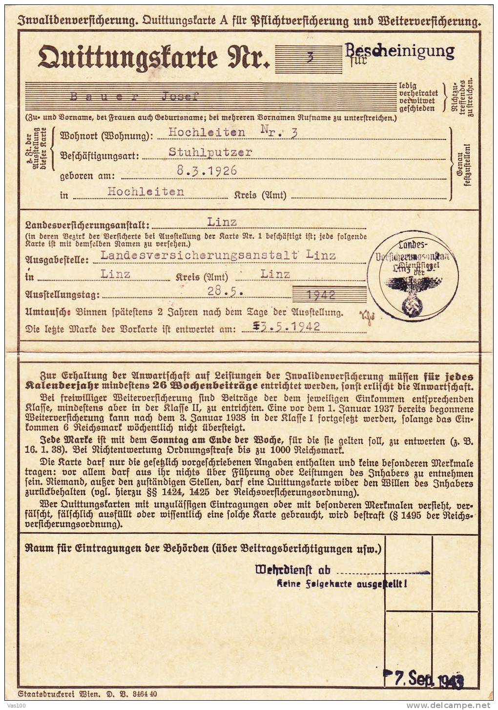 Invalidenversicherung.Qui Ttungskarte    Linz 1942-43 Germany  8 Stamps Invalidenvers!! - Otros & Sin Clasificación