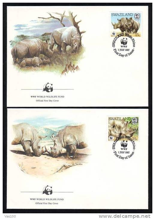 SWAZILAND 4 Covers 1987 FDC WWE WORLD WILDLIFE ANIMALS,RINOCEROS. - Rhinoceros