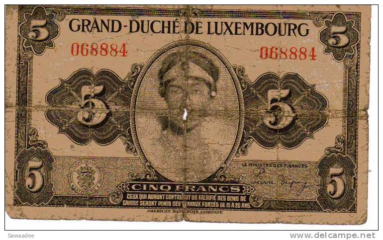 BILLET LUXEMBOURG - P.43 - 1944 - 5 FRANCS - GRANDE DUCHESSE CHARLOTTE - Luxemburg