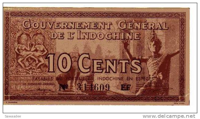 BILLET INDOCHINE - GOUVERNEMENT GENERAL DE L´INDOCHINE - P.85 -10 CENTS -VOIR SIGNATURE - ELEPHANTS - DANSEUSE - Indochina