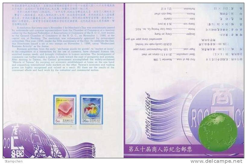 Folder 1996 Merchant Day Stamps Bar Code Stock Globe Map Statistics Chart Chinese Ancient Coin - Monete