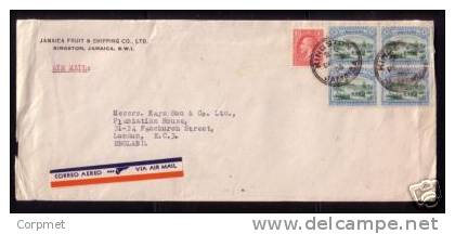 JAMAICA VF 1936 COVER - Jamaica Fruit And Shipping Co -KINGSTON To LONDON Tied By BLOCK Of 4 Scott # 80 +103A - Jamaica (1962-...)