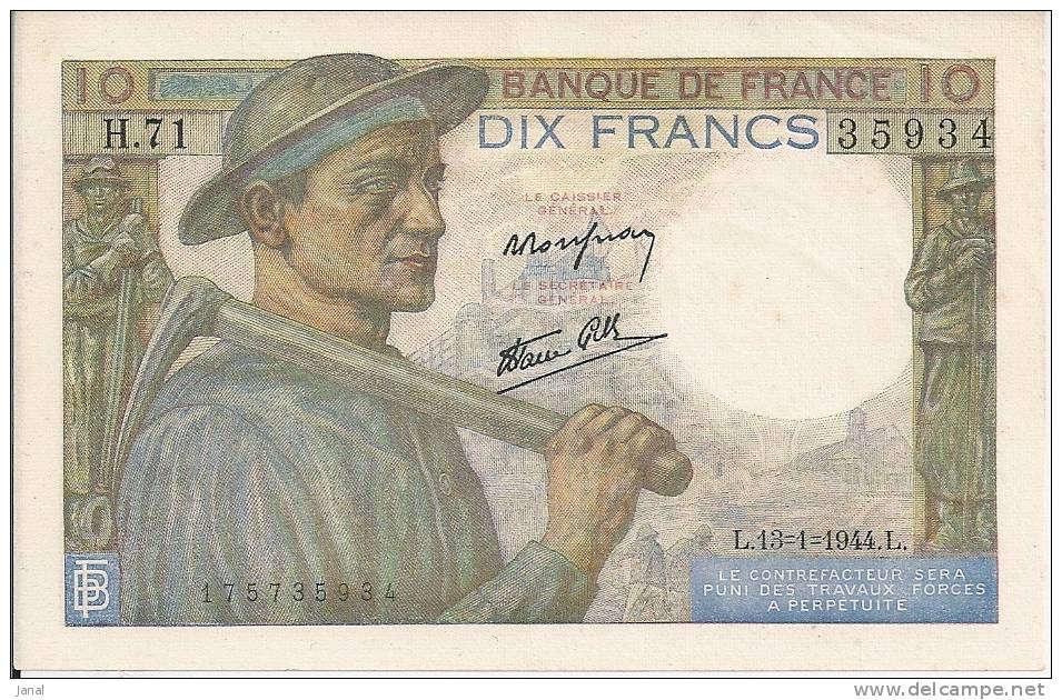 - BILLET DE 10  FRANCS - MINEUR - 35934- L-13-1-1944 -L- - 10 F 1941-1949 ''Mineur''