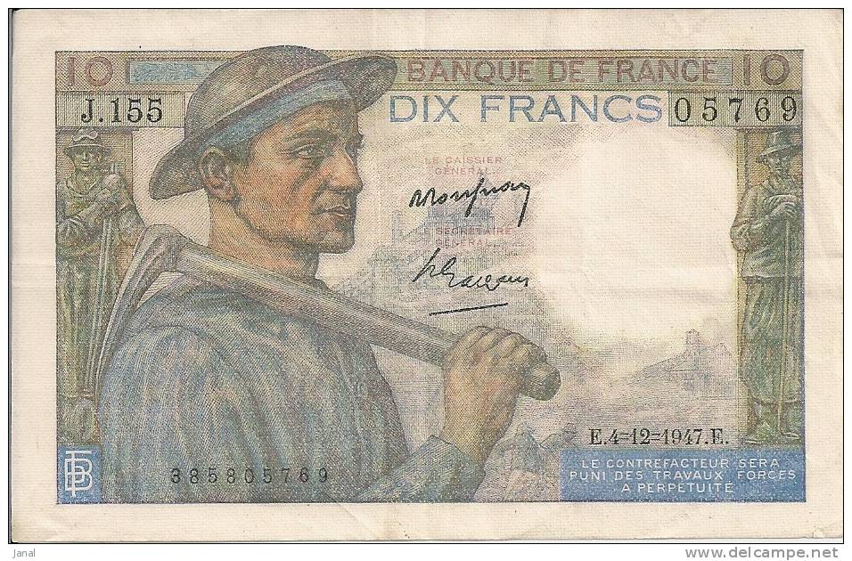 - BILLET DE 10  FRANCS - MINEUR - 05769 - E-4-12-1947 -E - - 10 F 1941-1949 ''Mineur''