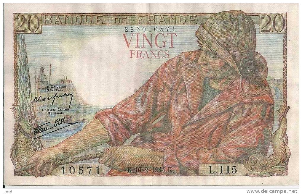 - BILLET DE 20 FRANCS - PECHEUR - 10571 - K - 10 - 2 - 1944 - K - 20 F 1942-1950 ''Pêcheur''