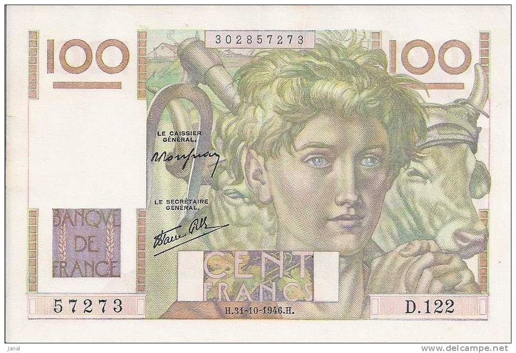 - BILLET DE 100 FRANCS - JEUNE PAYSAN - 57273 - H  - 31 - 10 - 1946 - H - - 100 F 1945-1954 ''Jeune Paysan''