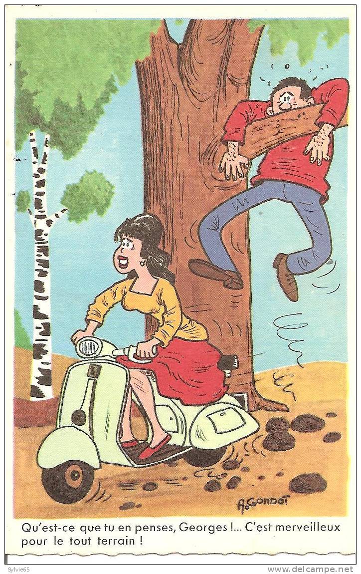 CPSM PETIT FORMAT ILLUSTRATEUR A. GONDOT ;"VESPA:qu'est-ce Que T'en Penses,Georges C'est Merveilleux Pour Le Tout Terrai - Gondot