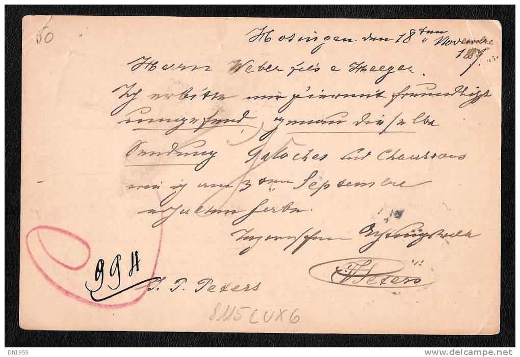 ENTIER 1889  LUXEMBOURG CARTE POSTALE POSTKARTE STATIONERY GANZSACHE ULFLINGEN  HOSINGEN ?  POUR STRASBOURG - Interi Postali