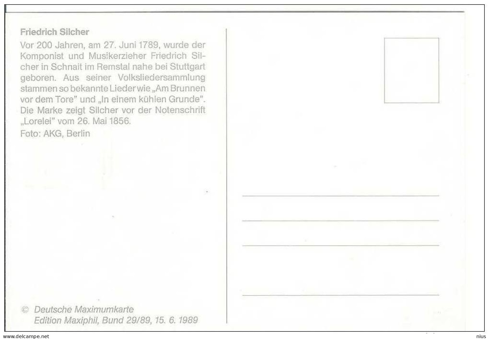 Germany Deutschland 1989 Maximum Card, Friedrich Silcher, Music Musique Musik Composer Compositeur Komponist, Bonn - 1981-2000