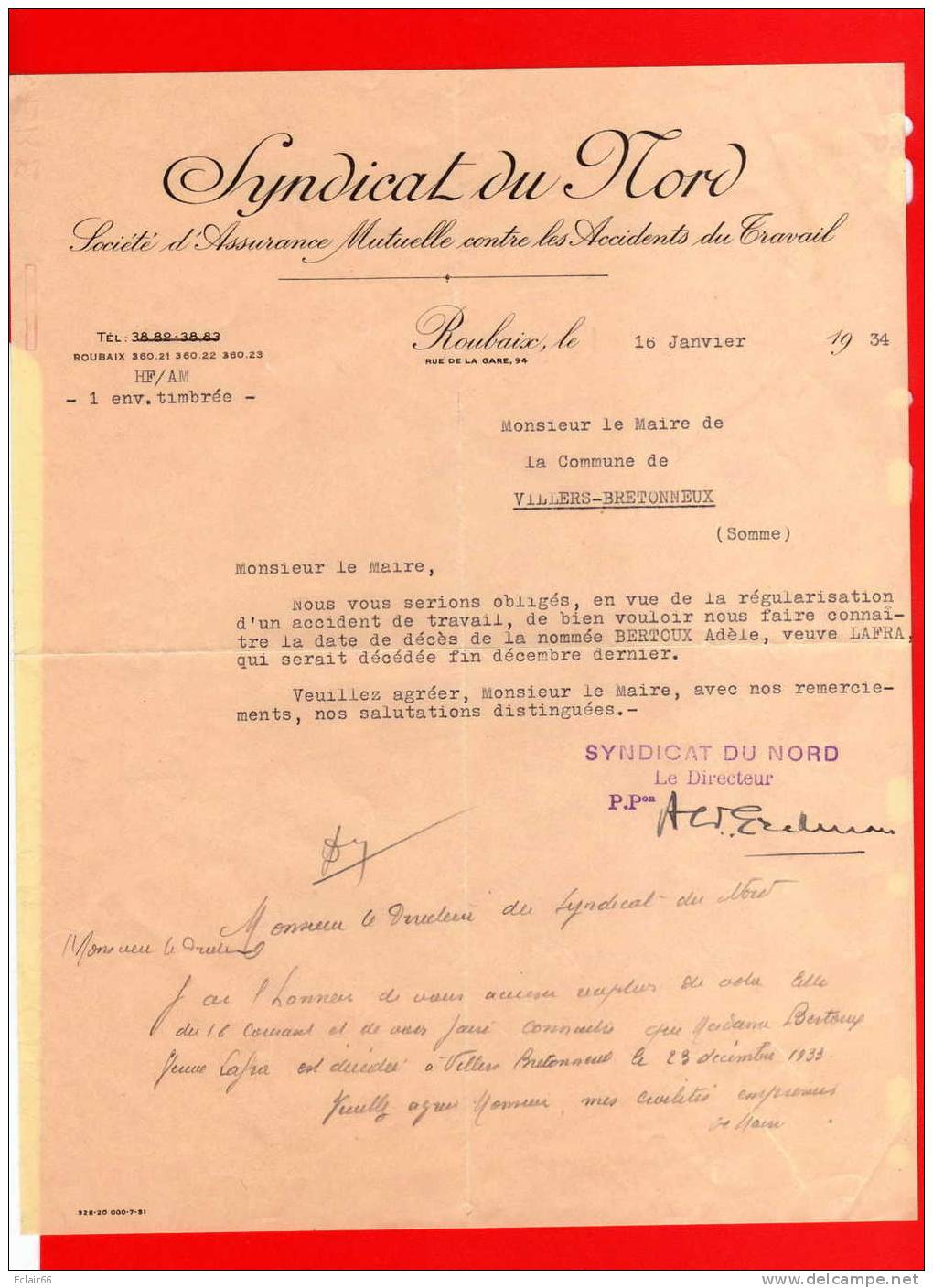 ROUBAIX  SYNDICAT DU NORD    Année 1934  Société D'Assurance Mutuelle Contre Les Accidents Du Travail - Bank & Insurance