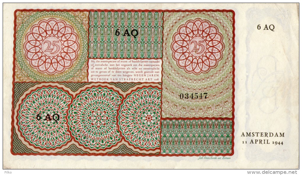 Netherlnd 25 Gulden,11.4.1944, Sig:Robertson/Rost Van Tonningen,Germany Occupation,as Scan - 25 Gulden