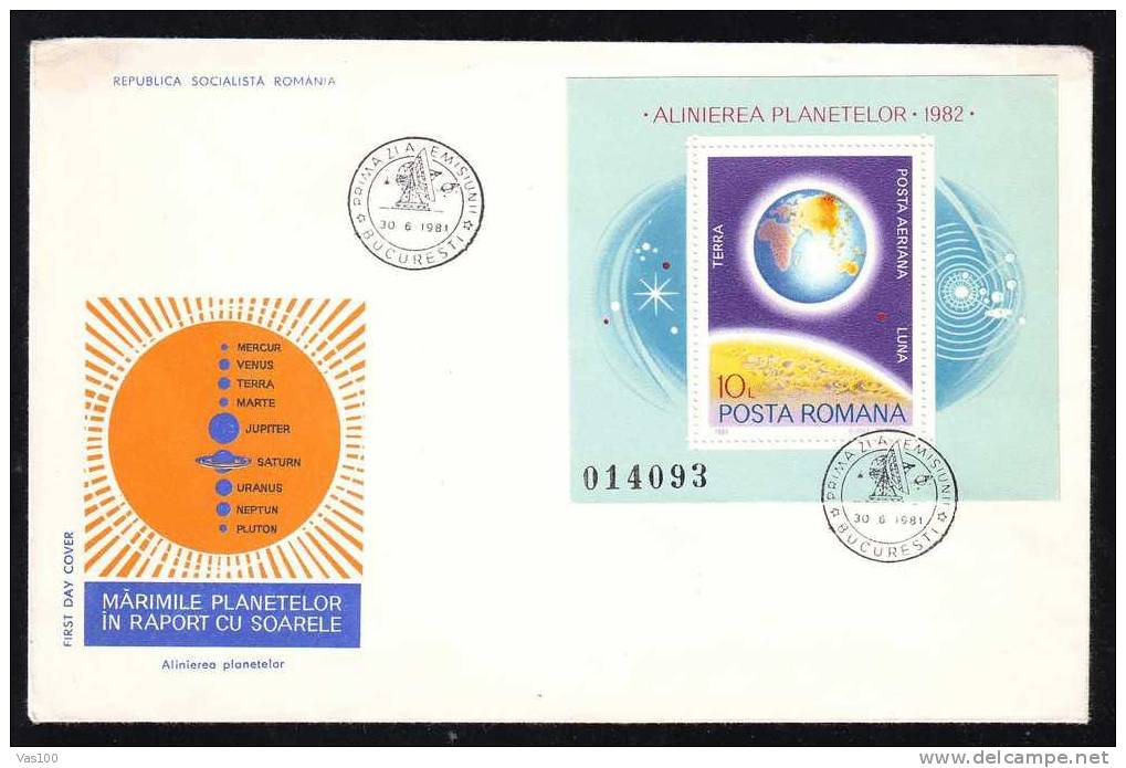 ROMANIA 1981, FDC,1 COVERS,ALIGNEMENT RARE DES PLANETS EN 1982   BLOCK - FDC