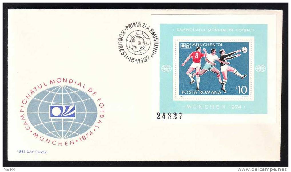 Romania FDC 1974 MUNCHEN World Cup,Football,soccer, BLOCK. - 1974 – Allemagne Fédérale