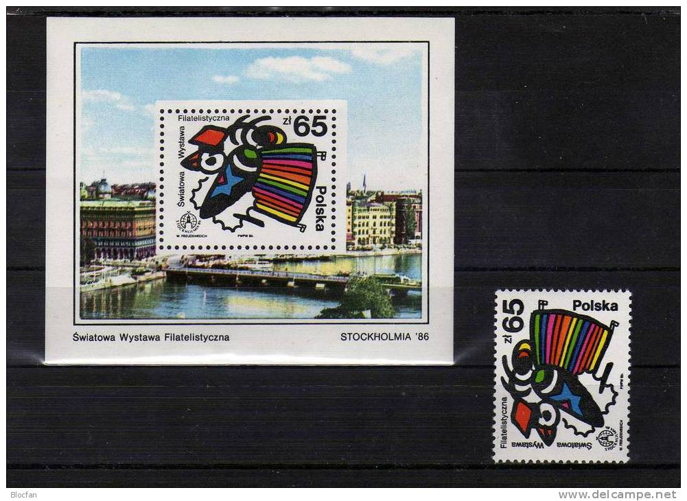 Ausstellung STOCKHOLMIA 1986 Polska 3048+Block 100 ** 4€ Brieftaube In Tracht Aus Polen Philatelic EXPO Sheet M/s Poland - Nuevos