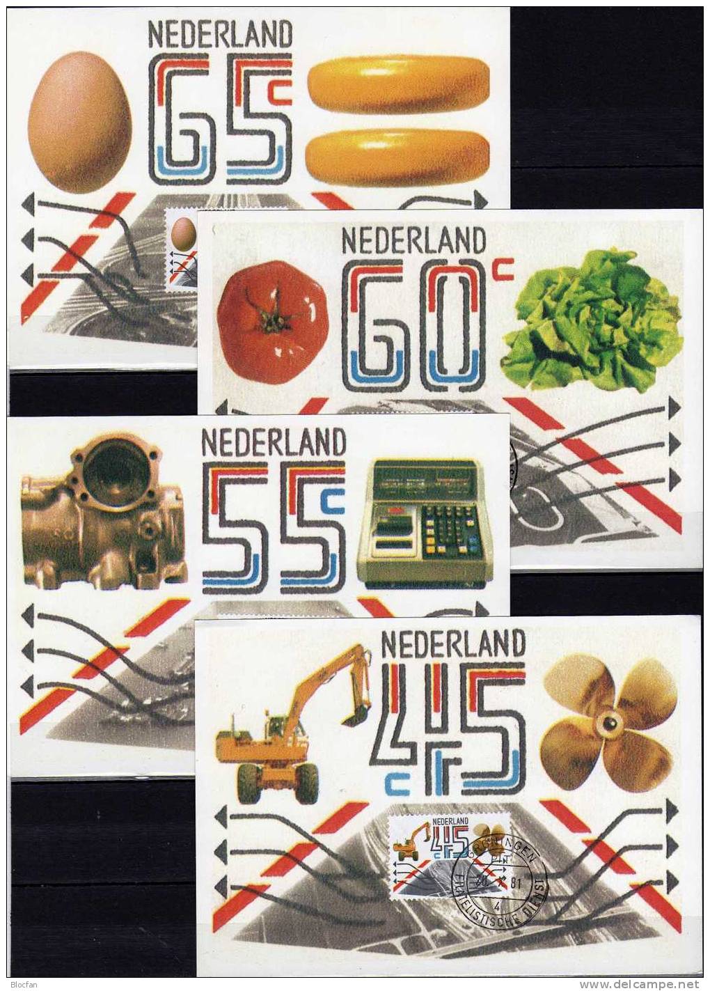 Export Und Transport 1981 Niederlande 1189/2 Als 4xMKt. O 16€ Gemüse, Käse, Technik, Bagger - Sonstige & Ohne Zuordnung