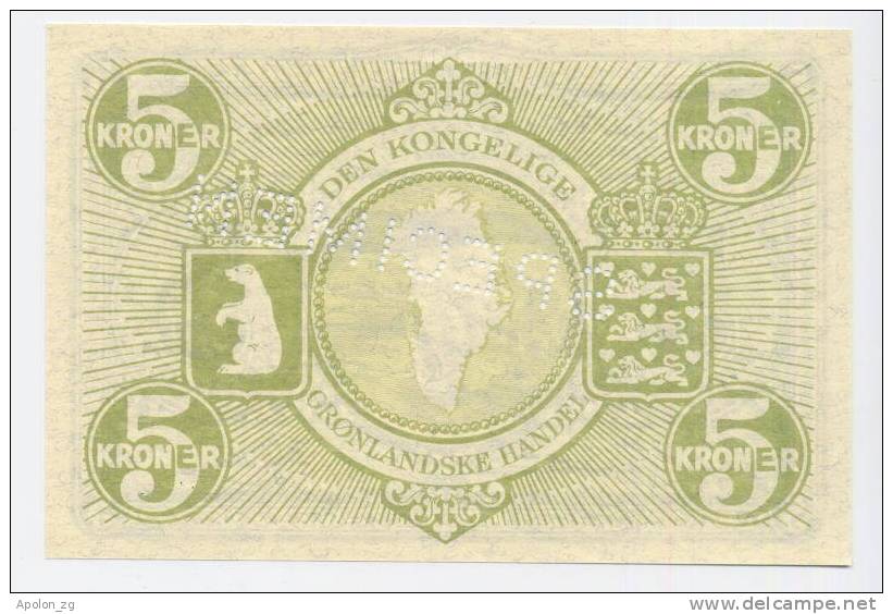 GREENLAND: 5 Kroner 1953- UNC *SPECIMEN *P18 *  RARE BANKNOTE !!! - Groenland
