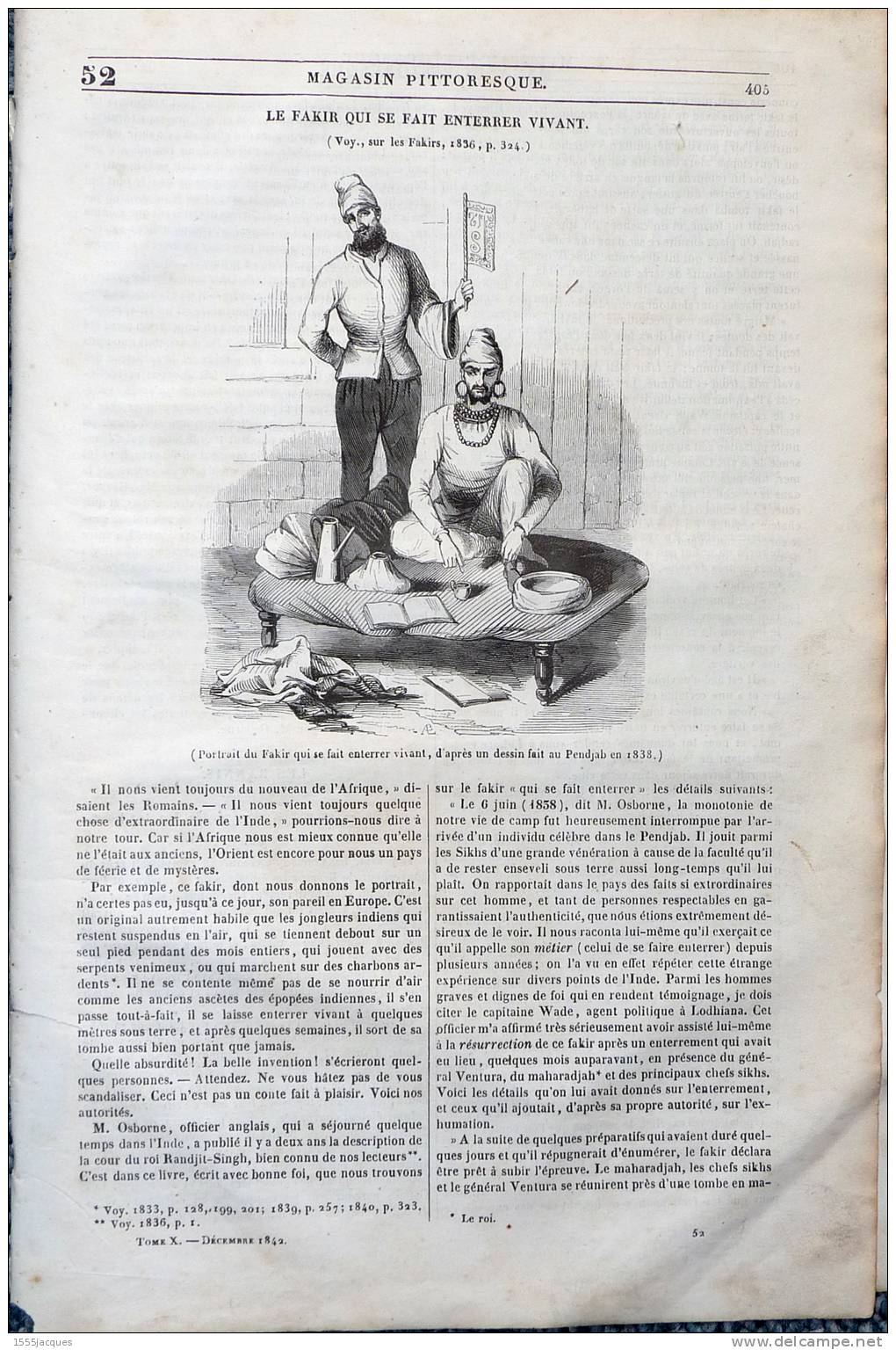 LE MAGASIN PITTORESQUE - DEC. 1842 - N°52  - FAKIR ENTERRÉ VIVANT - HERMANN ET DOROTHEE : HENRI SCHEFFER - - 1800 - 1849