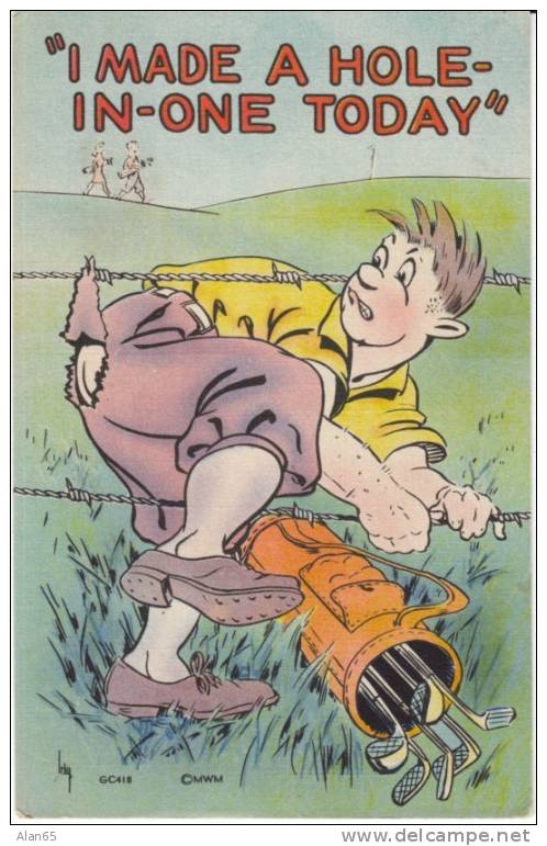 Golf Humor, Artist Signed Irby, Hole In One, C1940s Vintage Linen Postcard - Golf