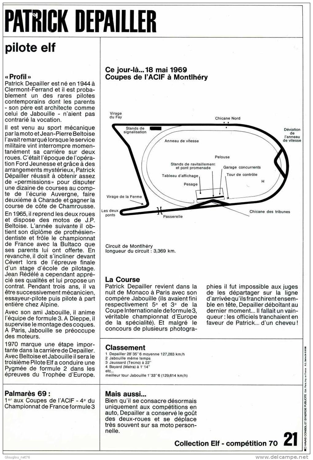 DOCUMENT  DIMENSION 21/30 CM PATRICK DEPAILLER COUPE DE L´ACIF MONTHLERY 1969  VOIR SCANER RECTO ET VERSO - Cars