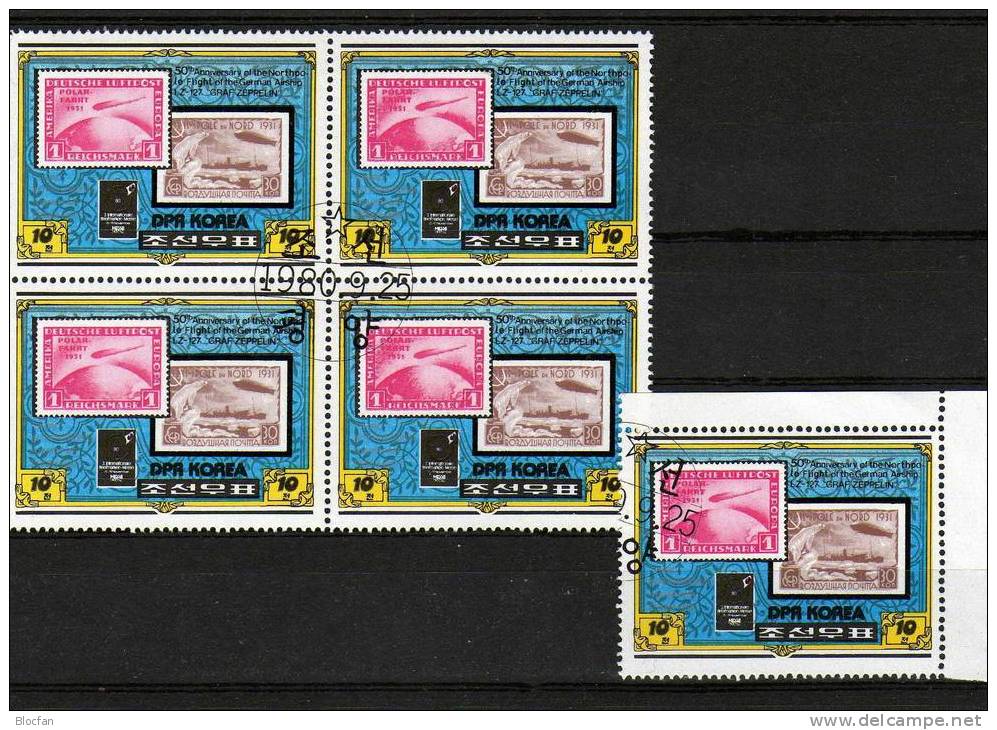 50 Jahre Polarfahrt Zeppelin LZ 127 Messe In Essen Coree O 2047, 4-Block + KB 13€ Stamp On Stamp - Andere & Zonder Classificatie