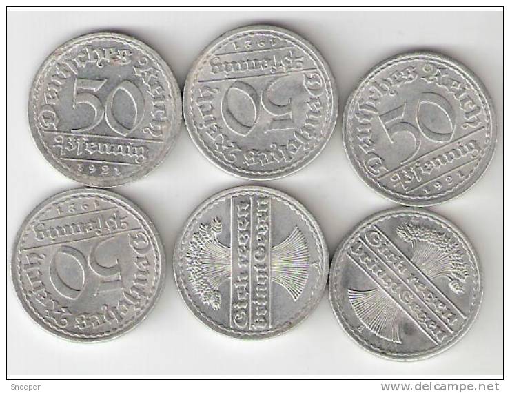 Germany,6 X50 Pfennig 1921a,km 27,1 X Unc,5 X Xf+ Xf !!!!!!! - 50 Renten- & 50 Reichspfennig