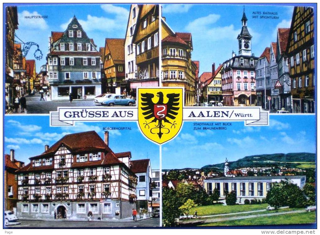 Aalen,4-Bild-Karte,Hauptstrasse,Bürgerhospital,Altes Rathaus,Stadthalle,1960 - Aalen