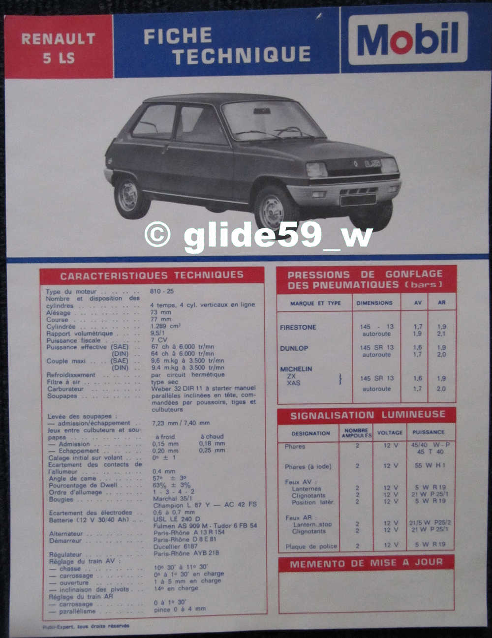 Fiche Technique Automobile - Entretien - Graissage "Mobil" - RENAULT 5 LS - Cars