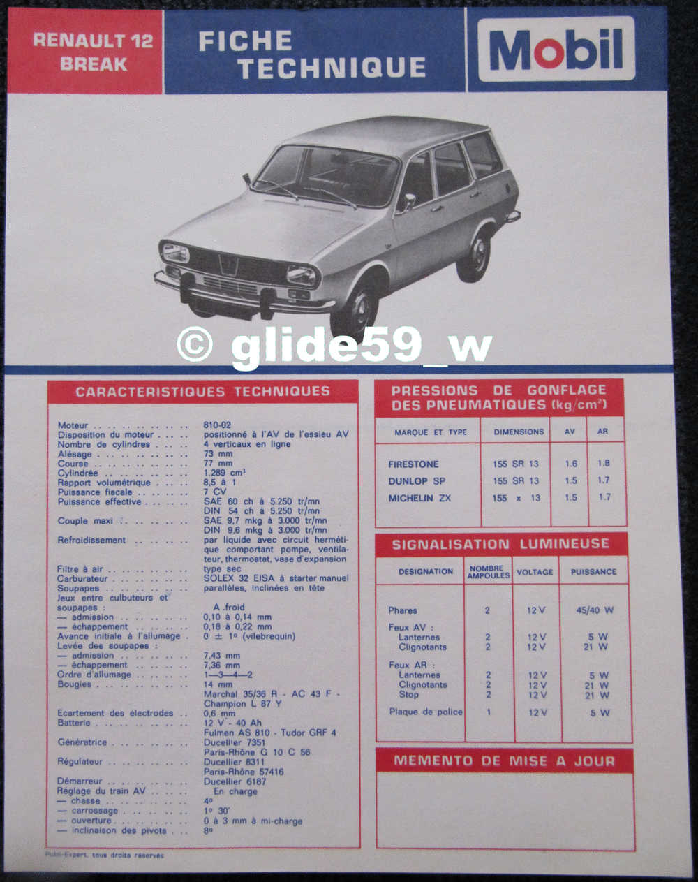 Fiche Technique Automobile - Entretien - Graissage "Mobil" - RENAULT 12 BREAK - Cars