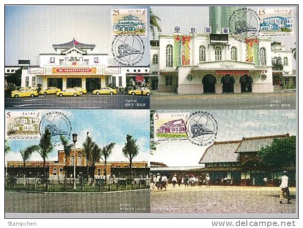 Maxi Cards 2005 Taiwan Old Train Station Stamps Railroad Railway Locomotive Motorbike - Motorfietsen