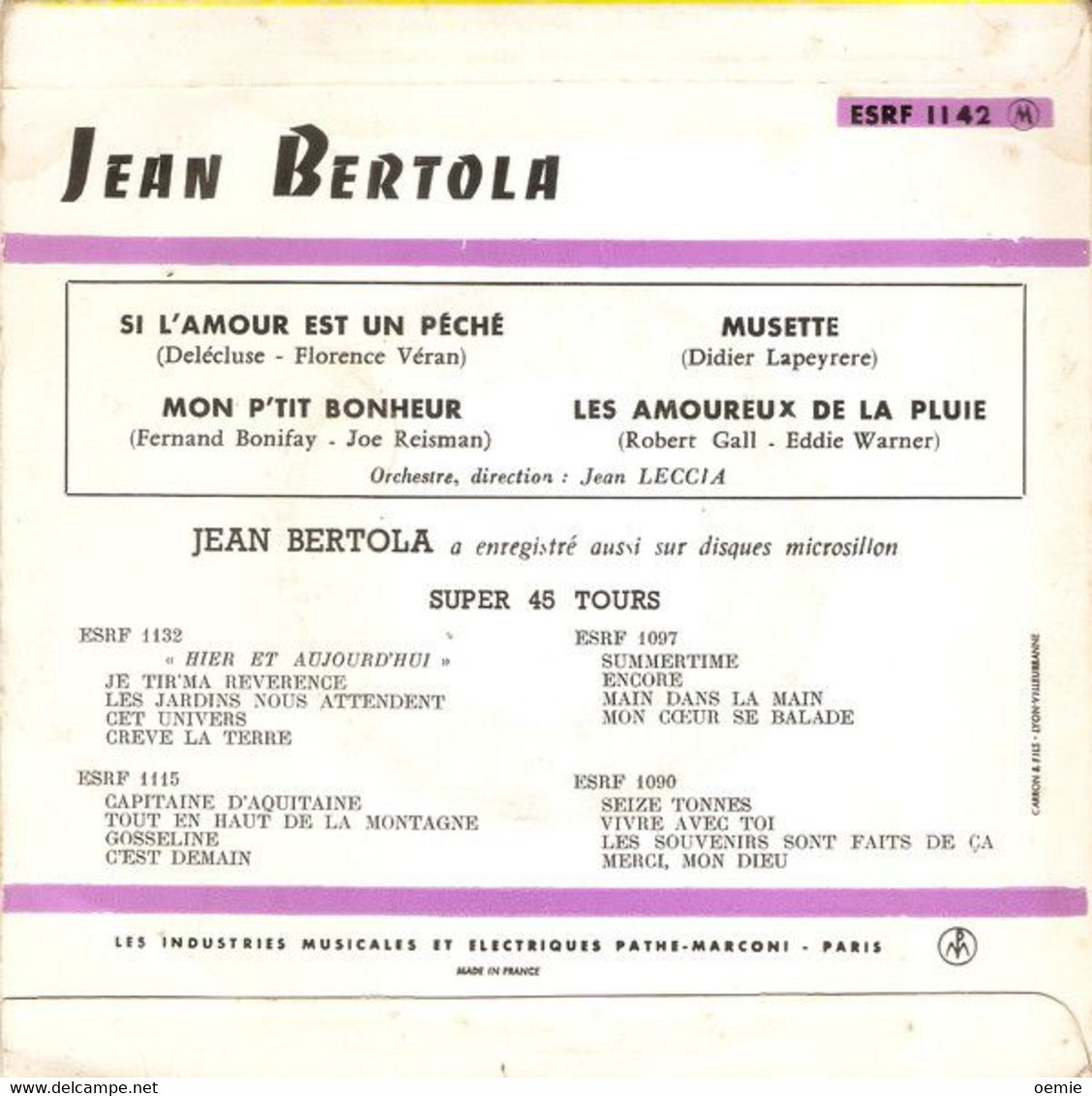 JEAN  BERTOLA  °°  MON P' TIT BONHEUR - Autogramme