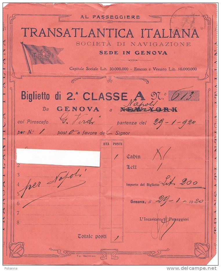 PO9267# BIGLIETTO 2^ Classe PIROSCAFO G.VERDI - Soc.Navigazione TRANSATLANTICA ITALIANA Da GENOVA A NAPOLI 1920 - Europe