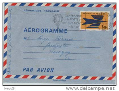 1971 Aérogramme "Centenaire De La Poste En Ballon Monté" - 1927-1959 Oblitérés