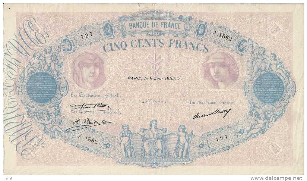 - FRANCE - BILLETS - 500 F - 9 JUIN 1932 - N° 737 - 500 F 1888-1940 ''Bleu Et Rose''