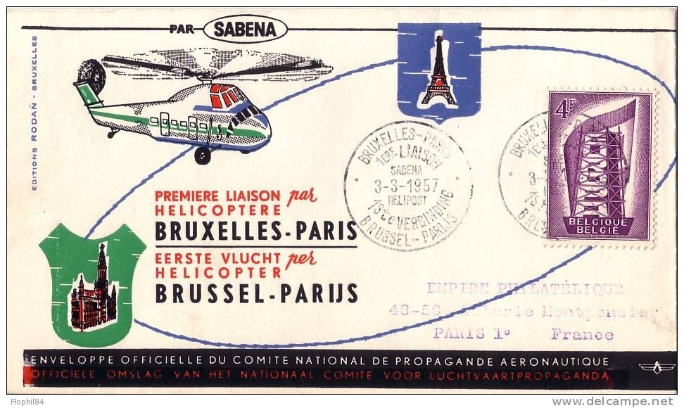 BELGIQUE-1er LIAISON HELICOPTERE BRUXELLES PARIS 3-3-57 - Covers & Documents