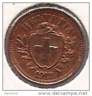 Schweiz Suisse: 1 Rappen / Cent 1912  ( Bronze, O 16mm, 1.5g)   -unz / - Unc - 1 Centime / Rappen
