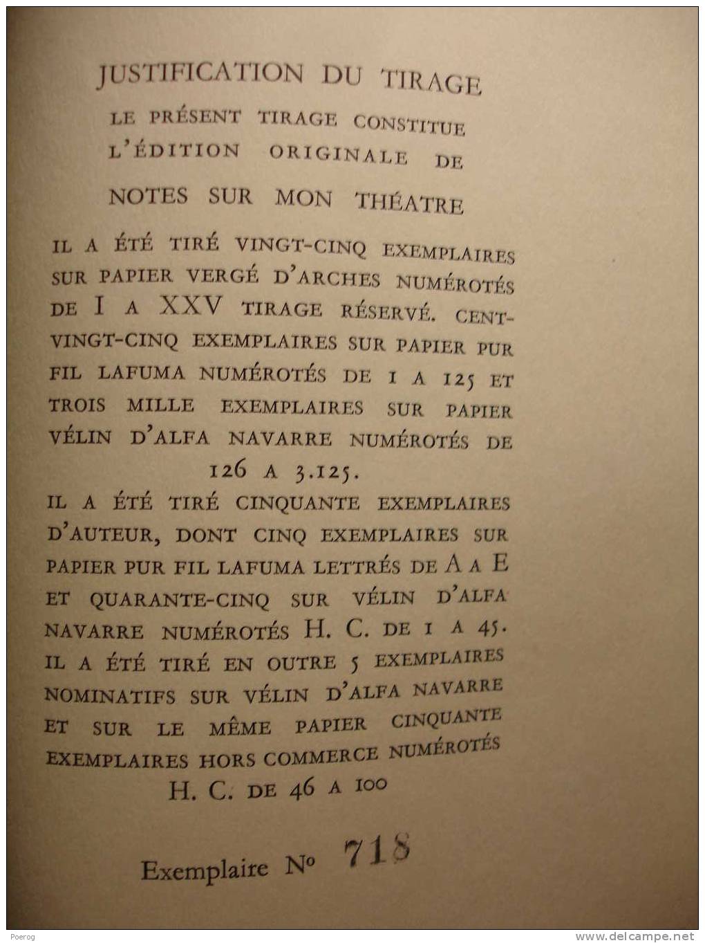 HENRY DE MONTHERLANT - NOTES SUR MON THEATRE - L'ARCHE EDITEUR - 1950 - Velin Alfa Navarre Numéroté - Franse Schrijvers