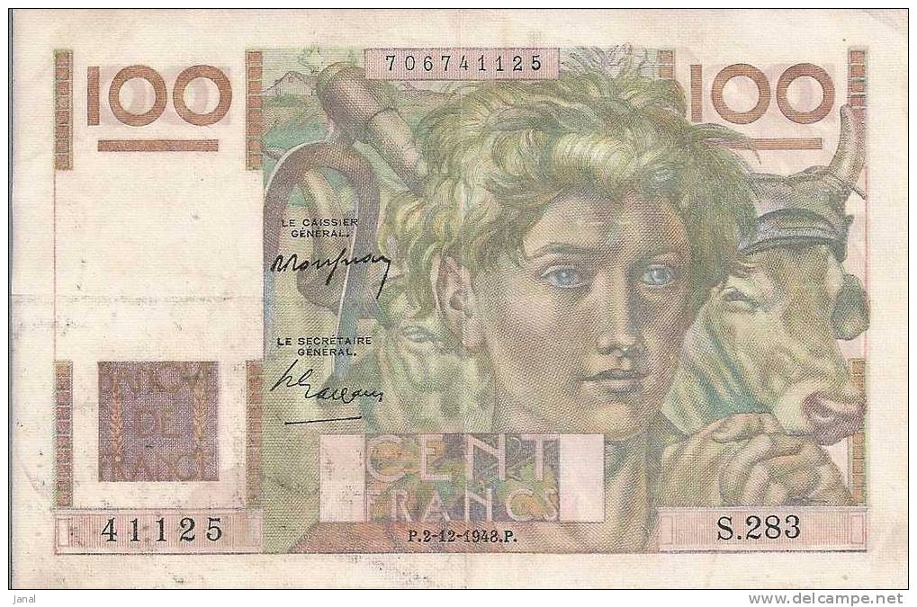 -  FRANCE - BILLETS - 100 F -  JEUNE PAYSAN - P - 2 - 12 - 1946 - P - N° 41125 - S 283 - - 100 F 1945-1954 ''Jeune Paysan''