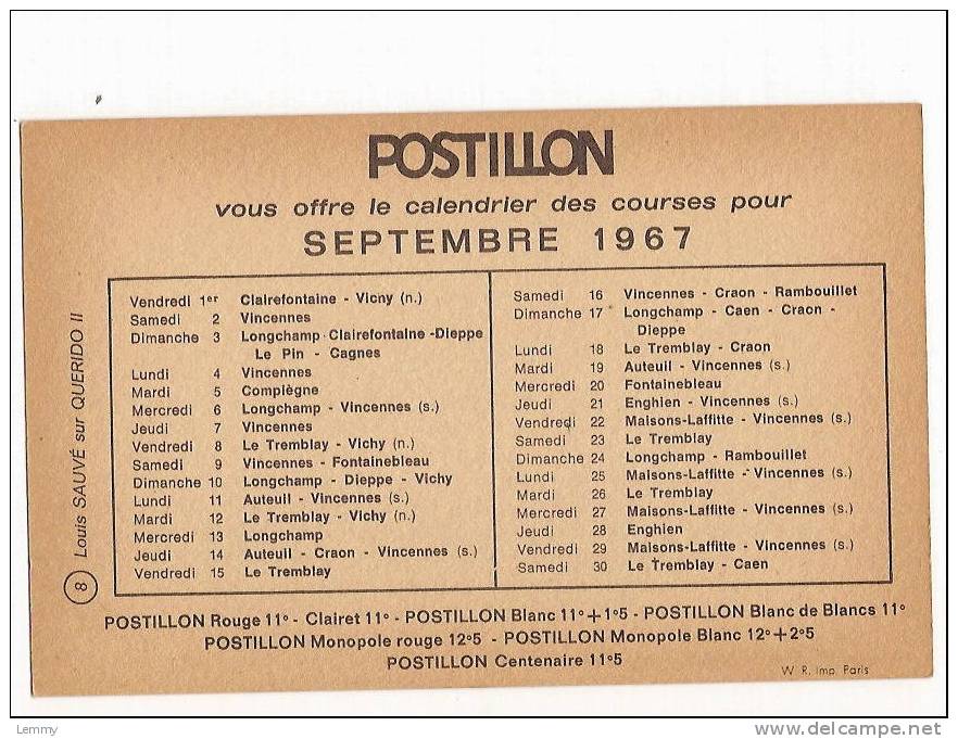 SPORT : HIPPISME--LOUIS SAUVE Sur QUERIDO II-PUBLICITE VINS  POSTILLON- Recto CALENDRIER COURSES SEPT.1967 - Paardensport