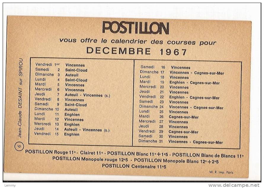 SPORT : HIPPISME-J.C. DESAINT Sur SPIROU-PUBLICITE VINS  POSTILLON- Recto CALENDRIER COURSES DECEMBRE1967 - Horse Show