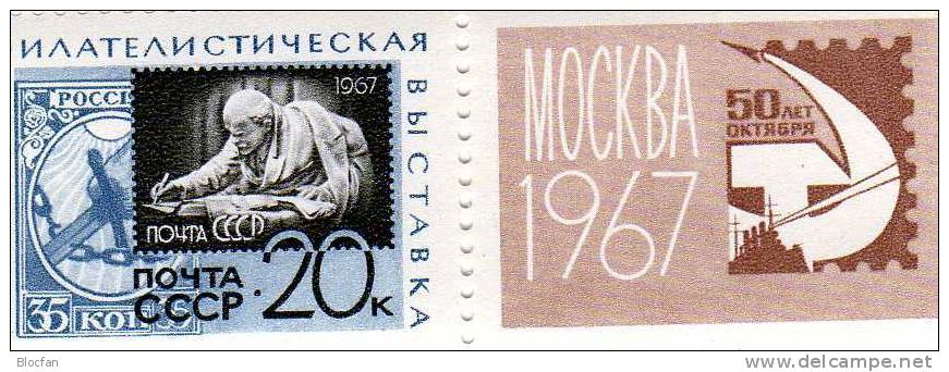 EXPO Moskau 1967 Marke Auf Marke ZD-Varianten SU 3351+5xZD ** 10€ Rote Oktober Stamp On Stamp 149 Se-tenant Bf USSR CCCP - Variétés & Curiosités