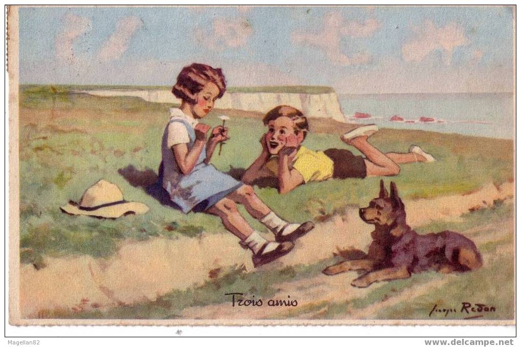 CPA. époque 1939. Trois Amis, Deux Enfants Et Un Chien, Dans Une Prairie. Dessin De George REDON. ( Achat Immédiat - Redon