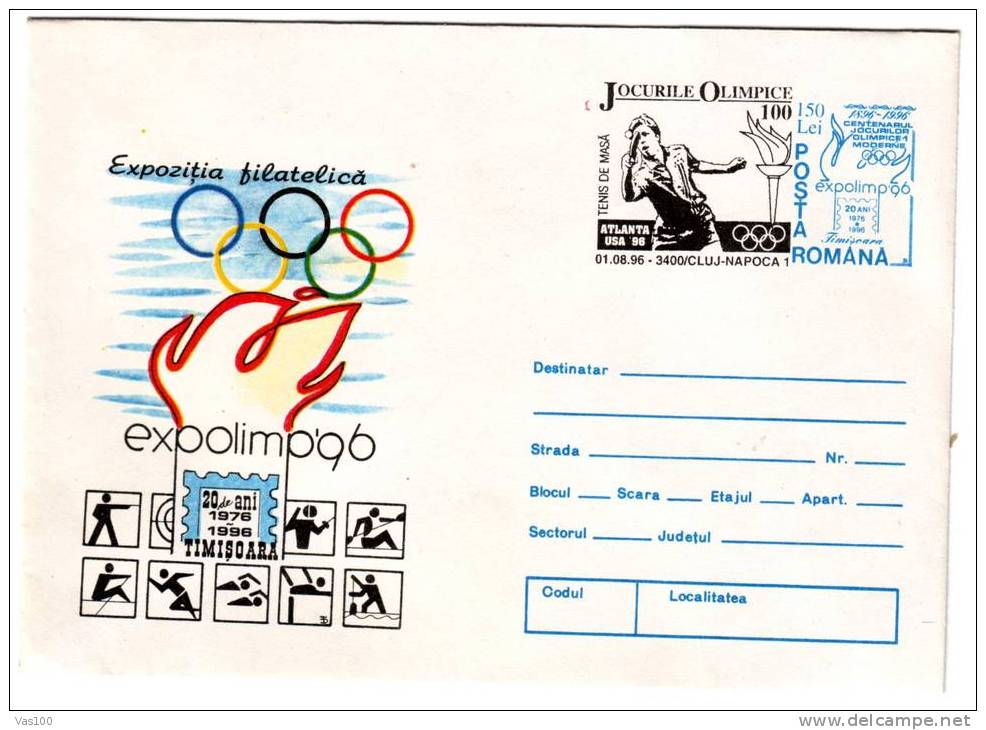 ROMROMANIA 1996 VERY RARE STATIONERY Cover  With TABLE TENNIS JEUX OLYMPIQUES ATLNTA. - Tafeltennis