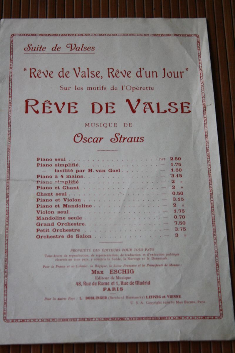 OPERETTE- REVE DE VALSE -THEATRE APOLLO -OPERETTE- OSCAR STRAUS-VALSE MODERATO  PARTITION MUSICALE-MUSIQUE - - Operaboeken